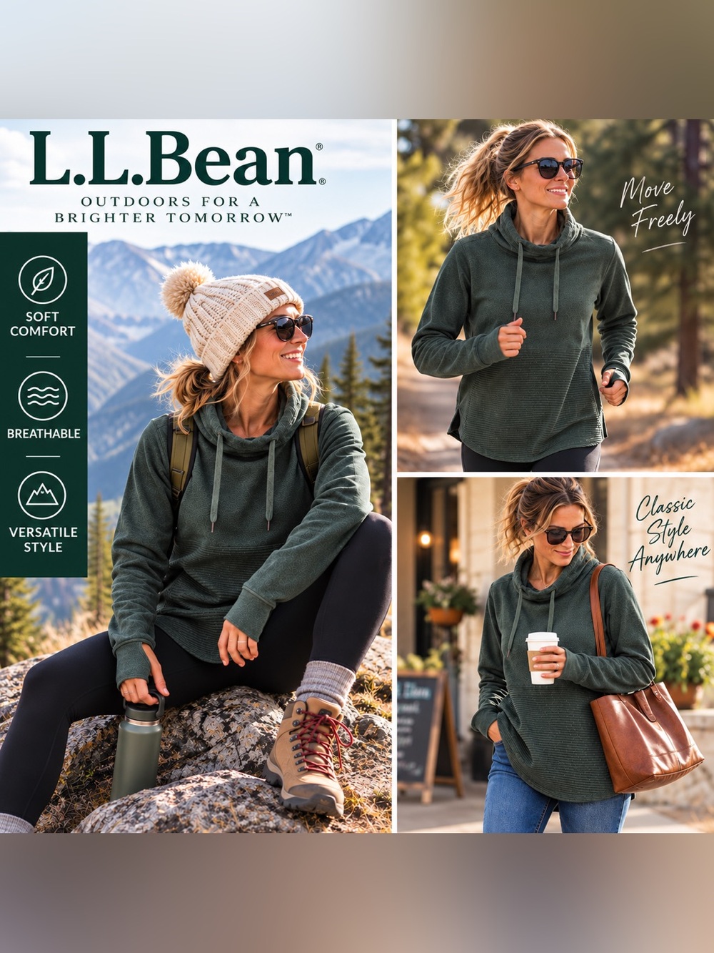 L.L.Bean Women’s L Reg Green Cowl Neck Pullover Thumbholes High Low Hem Size: L